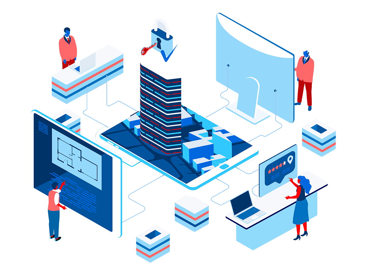 Ilustração da infraestrutura de uma plataforma on-line, com servidores e dispositivos conectados